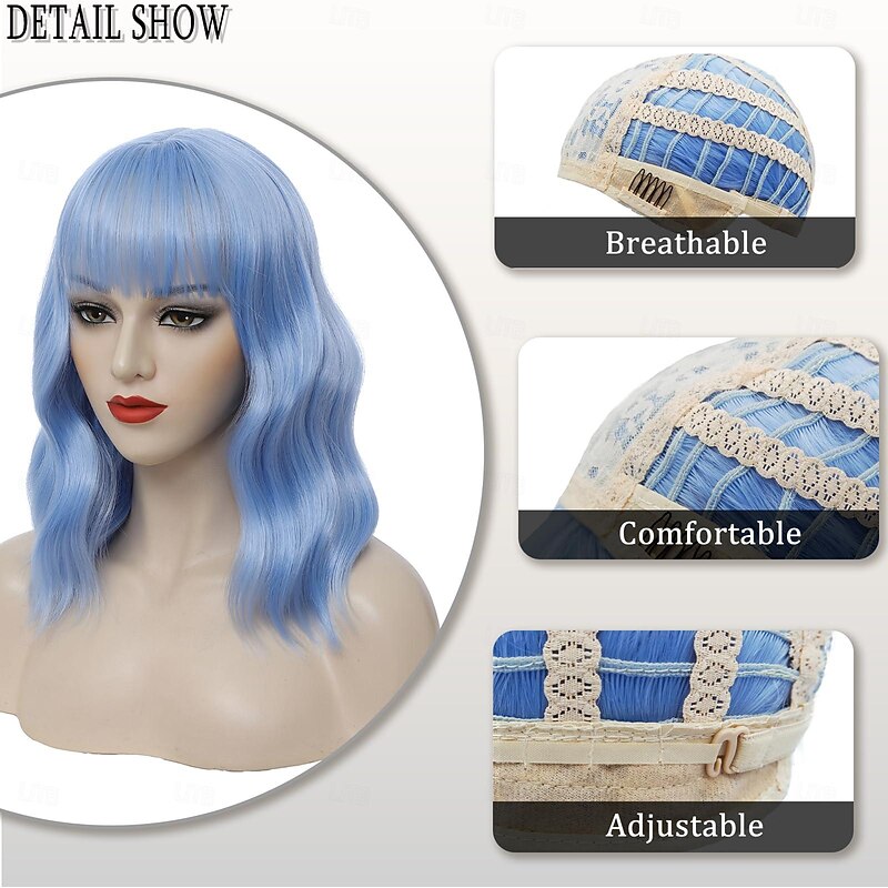 Short Bob Wig with Bangs for Women Loose Wavy Wig Curly Wavy Shoulder Length Synthetic Bob Wigs for Girl Costume Cosplay Daily Use4