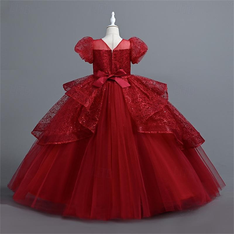 Flower Girl Dress Girls' Party Dress Performance Wedding Party Princess Beautiful Sweet Sequins Mesh Solid Color Short Sleeve Crew Neck White Pink 4-12 Years3