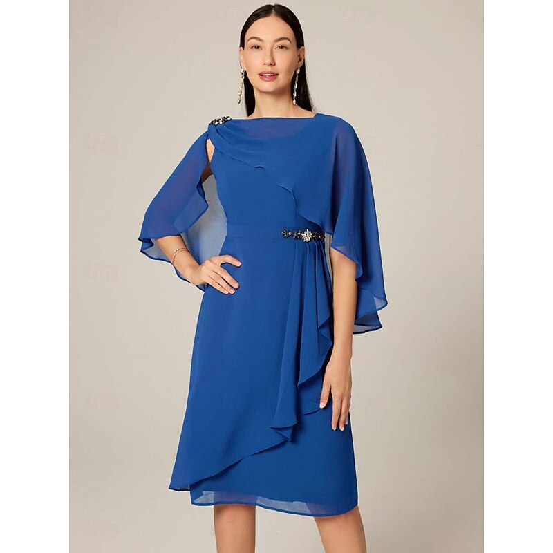 Women's Plus Size Wedding Guest Cocktail Dress Set Chiffon Ruffle Boat Neck Sleeveless Midi Dress Party Elegant Royal Blue Summer3