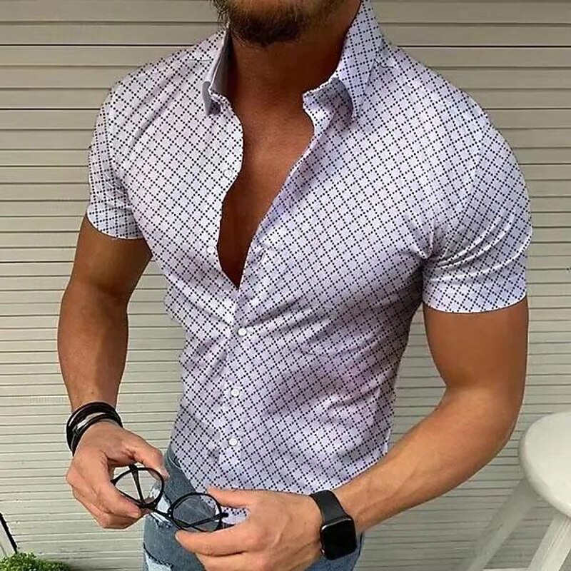 Men's Geometric Pattern Lattice Shirt Short Sleeve Designer Beach Casual Summer Turndown Print Black White Red Blue Green2