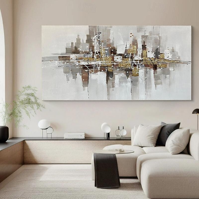 Oversized Handmade city Oil Painting hand painted Gray Abstract Office Painting on Canvas Blue Painting Modern painting Wall Art oil painting for Living Room Decor Minimalist Art