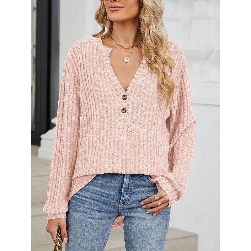 Women's Sweater Stylish Casual Solid Color Ribbed V Neck Buttons Long Sleeve Regular Tops Knit Daily Pink Blue Spring Fall4