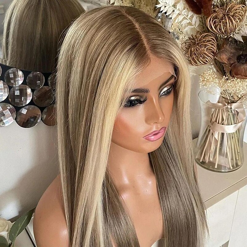 Remy Human Hair 13x4 Lace Front Wig Middle Part Brazilian Hair Silky Straight Multi-color Wig 130% 150% Density with Baby Hair Highlighted / Balayage Hair With Bleached Knots Pre-Plucked For Women3