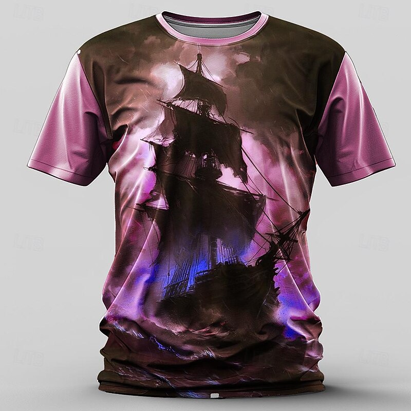 Men's Ship T Shirt Short Sleeve T shirt 3D Print Crew Neck Shirt Retro Vintage Casual Street Style Sports Outdoor Holiday Going out Purple Green Spring & Summer Clothing Apparel S M L XL 2XL 3XL4