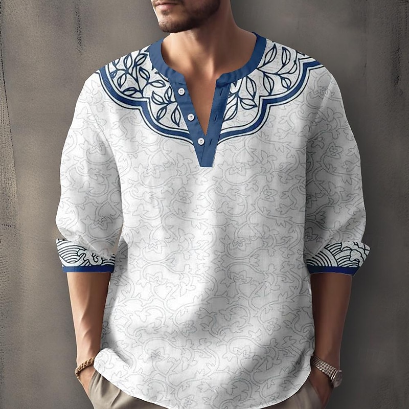 Men's Pattern Ethnic Shirt Button Up Shirt Long Sleeve Casual Tribal Daily Holiday Summer Spring Fall Stand Collar Print Red Blue Green