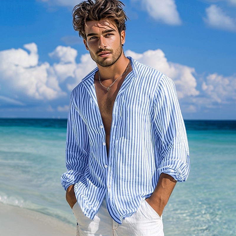 Men's Shirt Summer Shirt Beach Wear Button Up Shirt Casual Shirt Striped Shirt Pink Green Dark Gray Light Blue Long Sleeve Plain Band Collar Daily Vacation Splice Clothing Apparel Fashion Casual