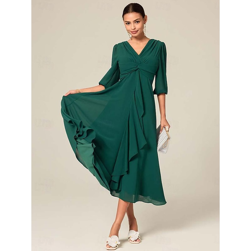 Women's Midi Dress Green Solid Color V-Neck Half Sleeve Ruffled Sophisticated Chic Zip-Back Summer Semi-Formal Wedding Party Evening Elegant Flowy Lightweight Apparel2