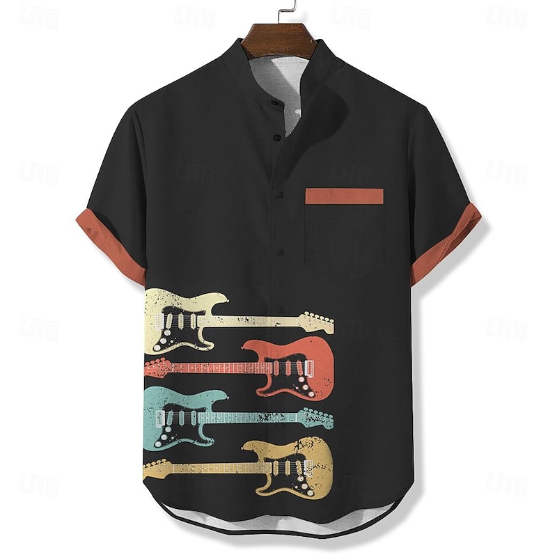 Men's Boardmasters Music Guitar Shirt Button Up Shirt Short Sleeve Casual Daily Summer Spring Grandad Collar Band Collar Button Up Pocket 3D Print Black Green