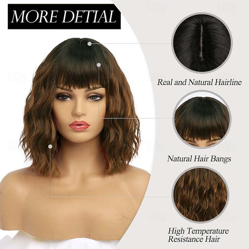 Brown with Light Brown Wigs Short Wavy Bob Wig with Bangs Medium Lenth Synthetic Hair for Daily Party(12 Inch)4