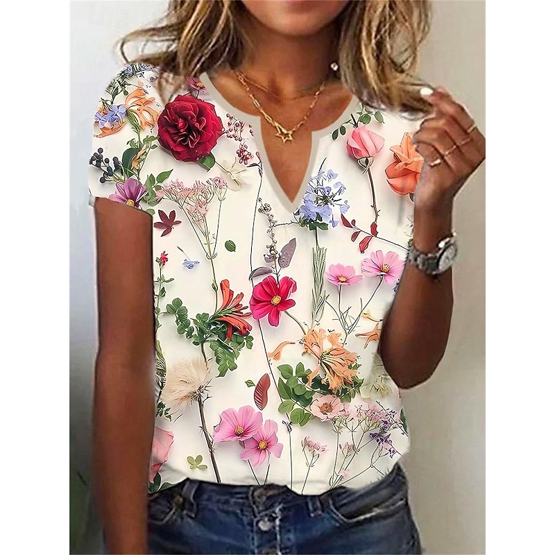 Women's T Shirt Henley Shirt Basic Leaf Print Short Sleeve Regular Tops V Neck Holiday Weekend White Pink Navy Blue Blue2