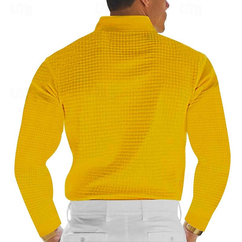 Men's Waffle Polo Shirt Golf Shirt Work Casual Lapel Long Sleeve Basic Modern Solid Color Button Spring &  Fall Regular Fit Black White Yellow Red Light Grey Light Blue Waffle Polo Shirt3