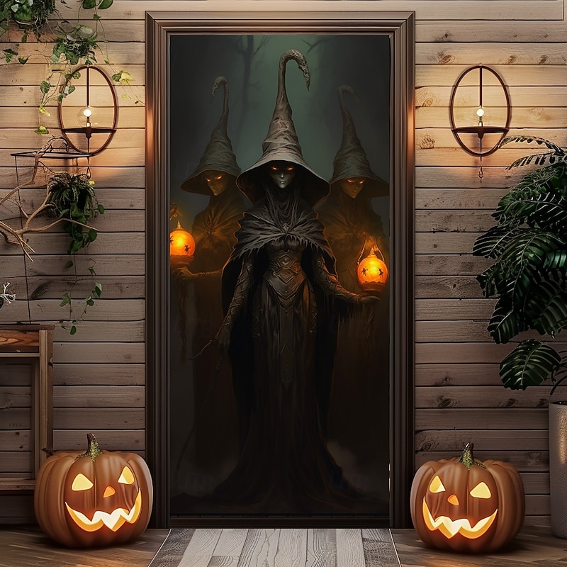 Halloween Door Decorations Halloween Door Covers Ghost Witch Door Tapestry Door Curtain Decoration Backdrop Door Banner for Front Door Farmhouse Holiday Party Decor Supplies3