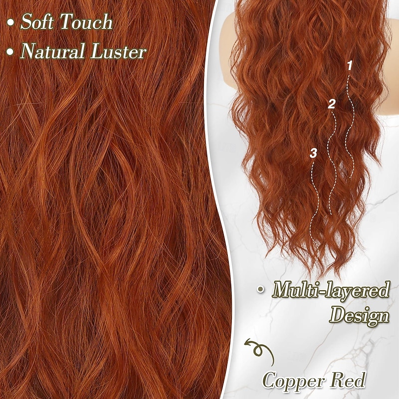 Red Ponytail Extension - 26 Inch Drawstring Ponytail Hair Extensions for Women - Long Curly Wavy Synthetic Clip in Fake Pony Tails Hairpieces Girls Daily Party - Copper Red3