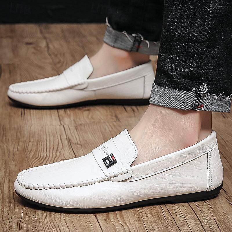 Men's White Faux Leather Driving Shoes Loafers with Elegant Stitching for Casual, Office, and Driving3