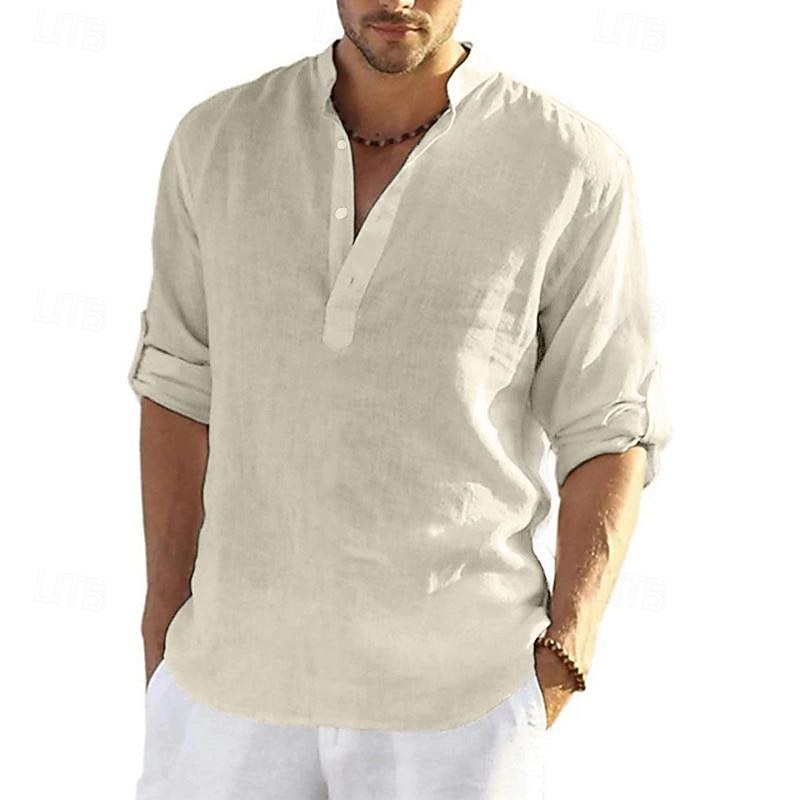 Men's Shirt Linen Shirt Popover Shirt Summer Shirt Beach Wear Band Collar Shirt Solid Color Vacation Hawaiian Black White Yellow Pink Long Sleeve Henley Summer Spring Clothing Apparel Button-Down2