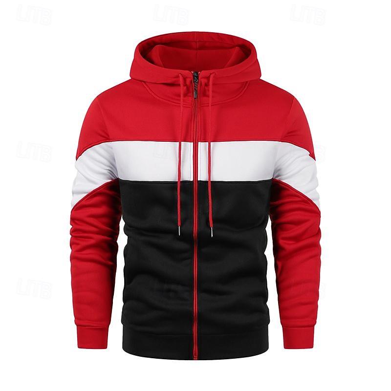 Men's Full Zip Hoodie Zip Up Hoodie White Red Blue Khaki Hooded Color Block Zip Up Patchwork Sports & Outdoor Daily Holiday Polyester Streetwear Basic Casual Spring &  Fall Clothing Apparel Hoodies