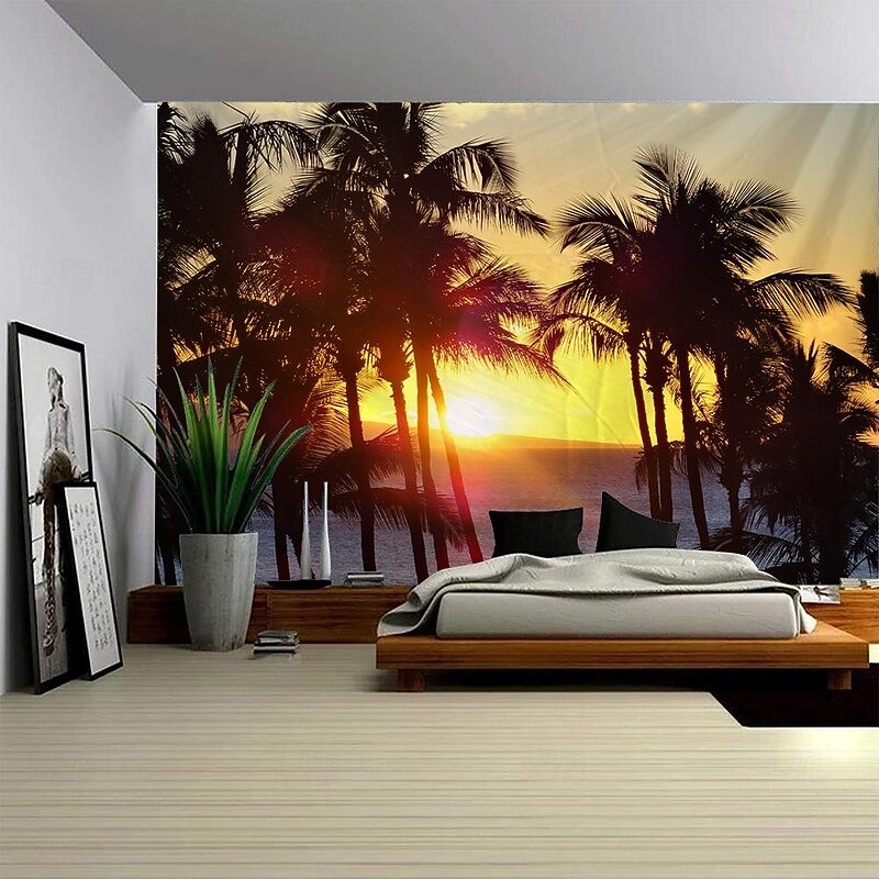 Sunset Palm Trees Hanging Tapestry Wall Art Large Tapestry Mural Decor Photograph Backdrop Blanket Curtain Home Bedroom Living Room Decoration