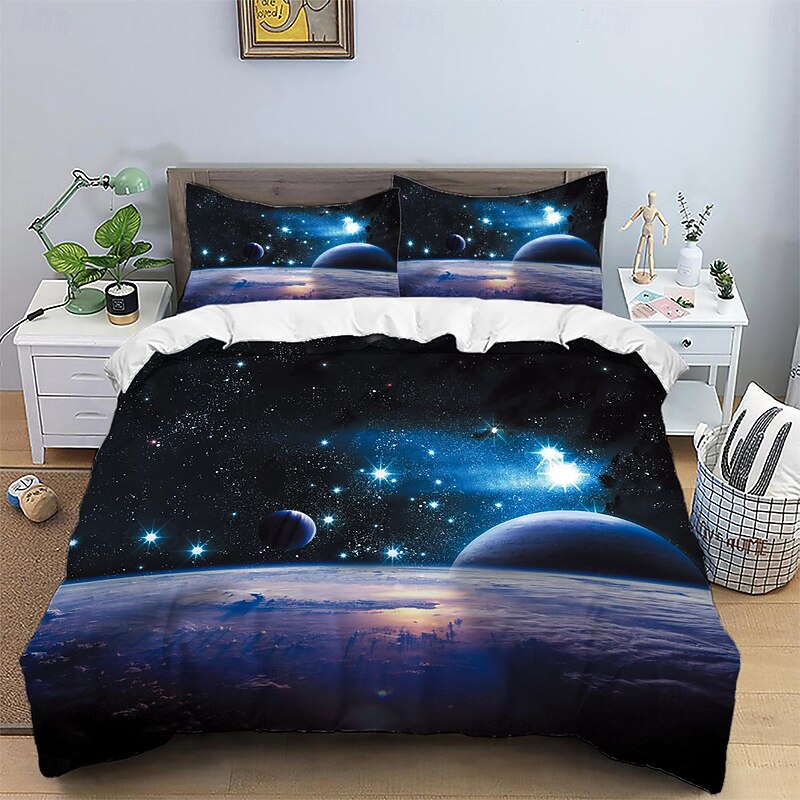Galaxy Starry Sky Planet 3-Piece Down Duvet Cover Set for Hotel Bedroom Guest Room Guestroom Bedding Comfortable Set - Main Image