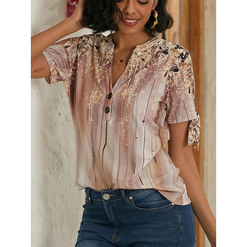 Women's T shirt Tee Graphic Print V Neck Tie Short Sleeve Basic Daily Weekend Button Cut Out Print Summer Spring4