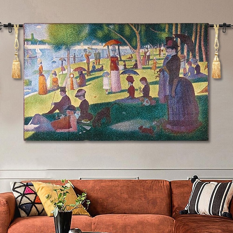 Jacquard Woven Tapestry Gobelin Aubusson Wall Art Hanging Aubusson Large Tapestry Reproduction Loom Weaving Cotton Un dimanche après-midi à l'Île de la Grande Jatte (without tassels and rod)