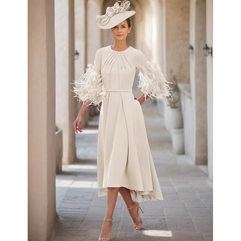 A-Line Mother of the Bride Dress Wedding Guest Elegant Jewel Neck Asymmetrical Stretch Fabric Half Sleeve with Feather4
