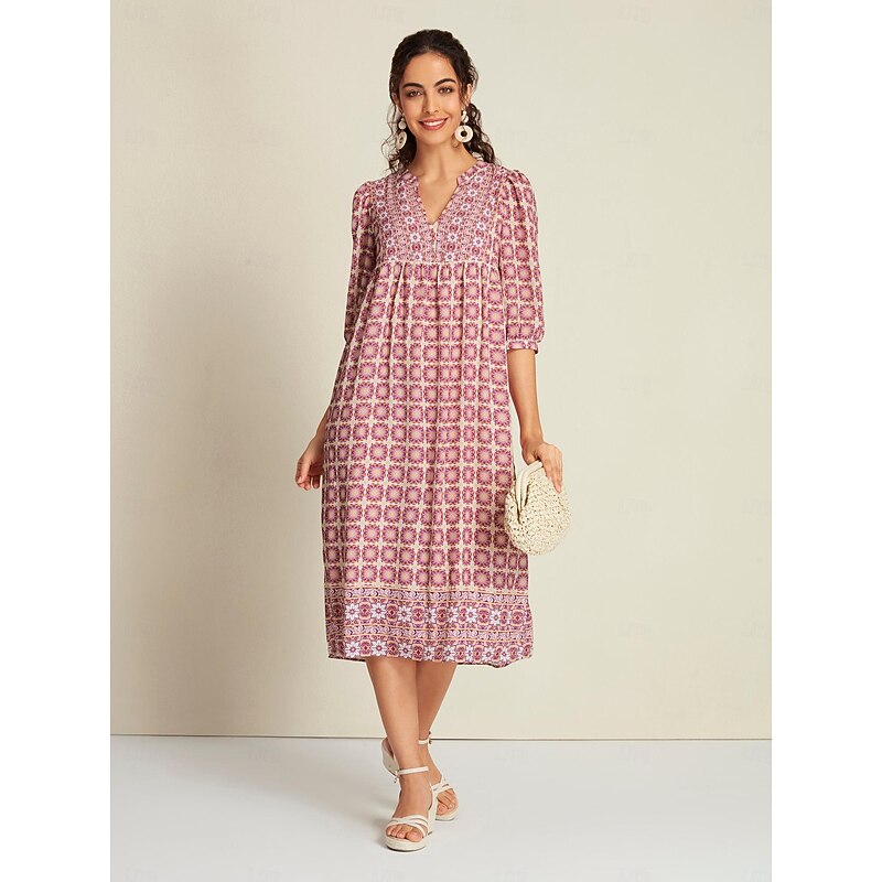 Chiffon Ethnic Floral Print Half Sleeve V Neck Midi Dress4