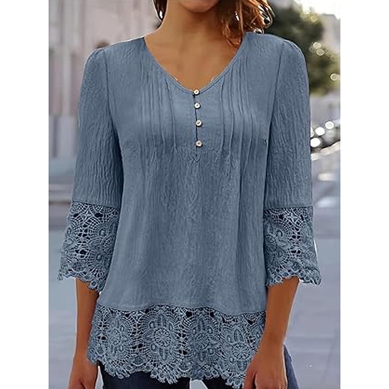 Women's White Elegant Lace Tops Eyelet Blouse Stylish Casual Solid Color Lace Buttons 3 4 Length Sleeve Regular Tops V Neck Daily Romantic Petite Tops Summer Holiday Wear White Pink Blue Gray Spring4