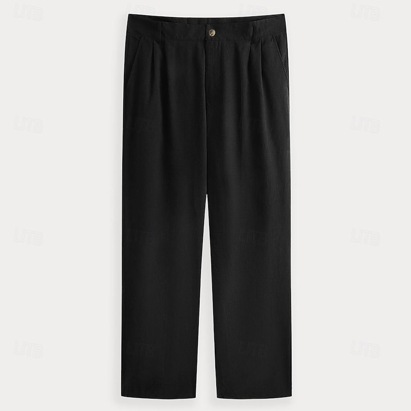 Men's Linen Pants Trousers Summer Pants Front Pocket Pleats Straight Leg Plain Comfort Breathable Full Length Casual Daily Holiday Fashion Basic Black Micro-elastic3
