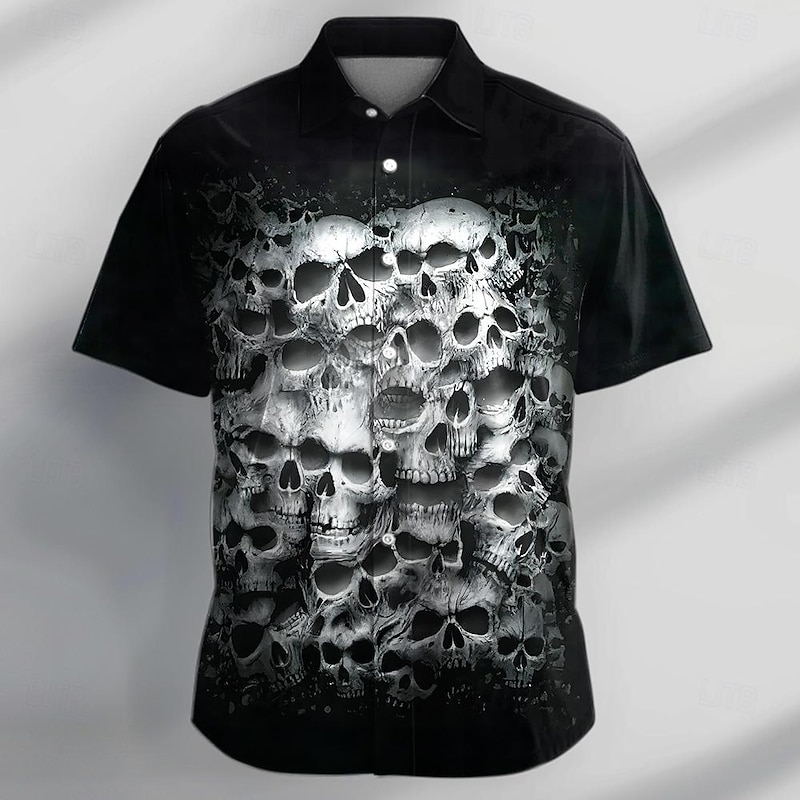 Men's Skull Halloween Costumes Shirt Button Up Shirt Short Sleeve Casual Dark Vacation Daily Evening Party Summer Turndown Collared Shirts Buttons Print Black Gray