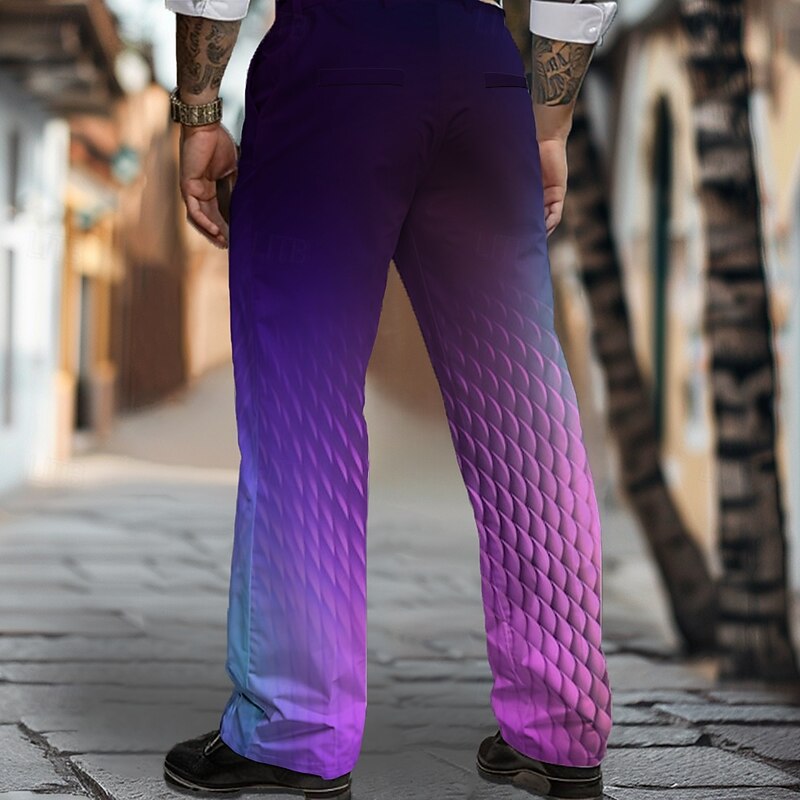 Men's Geometric Dress Pants Mid Waist Business Casual Formal Dailywear Zipper Pocket Straight Leg Trousers Summer Spring Fall 3D Print Purple2