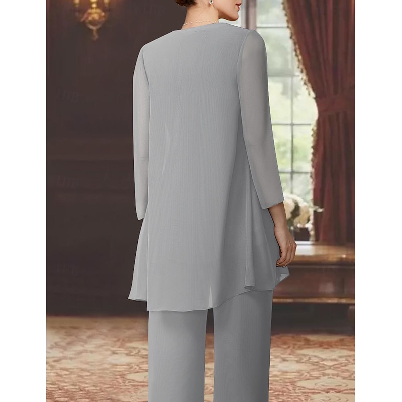 Beach Wedding Jumpsuits Mother of the Bride  Wedding Guest Elegant Scoop Neck Ankle Length Chiffon Long Sleeve with Lace2