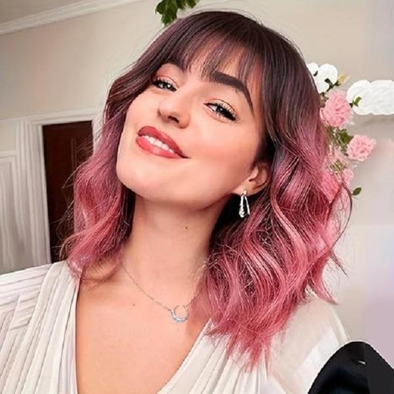 Wig with Bangs for Women Bob Wavy Synthetic Wigs with Natural Shoulder Length Curly Heat Resistant Hair Halloween Cosplay Party Wigs