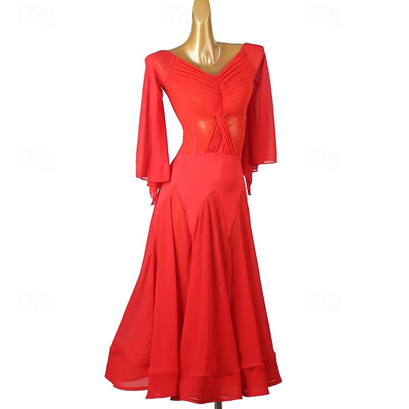 Ballroom Dance Dress Splicing Women's Performance Party Long Sleeve Chiffon Mesh Spandex3