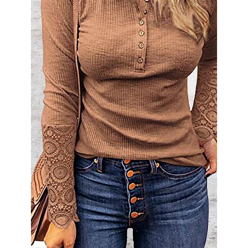 Women's Blouse Dressy Tops Bohemia Stylish Solid Color Lace Buttons Long Sleeve Regular Tops Notched Neck Daily Black Light Brown Beige Spring Fall2