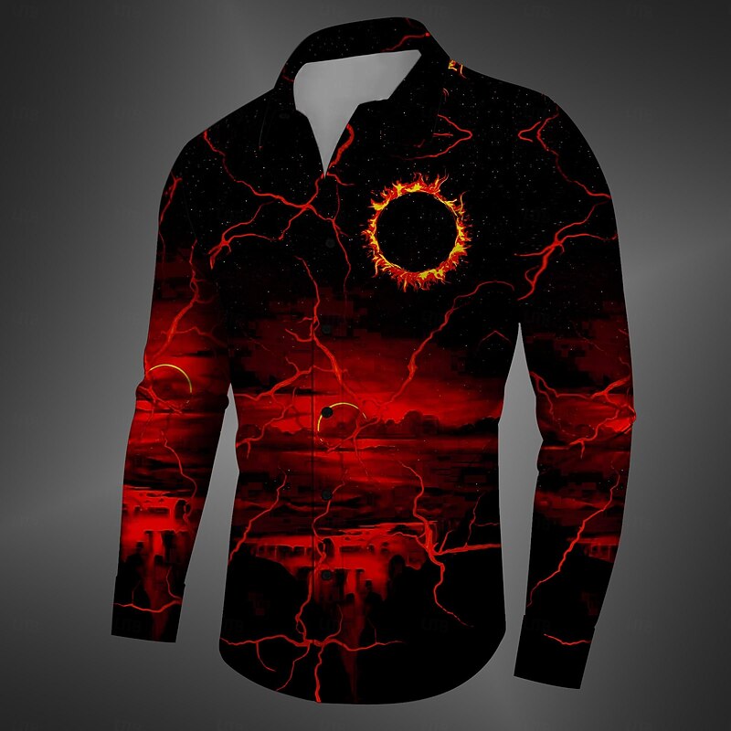 Men's Spooky Moon Halloween Costumes Shirt Button Up Shirt Long Sleeve Casual Dark Daily Fall Winter Spring & Summer Turndown Shirt Collar Button Up 3D Print Black Yellow Red Blue Fuchsia