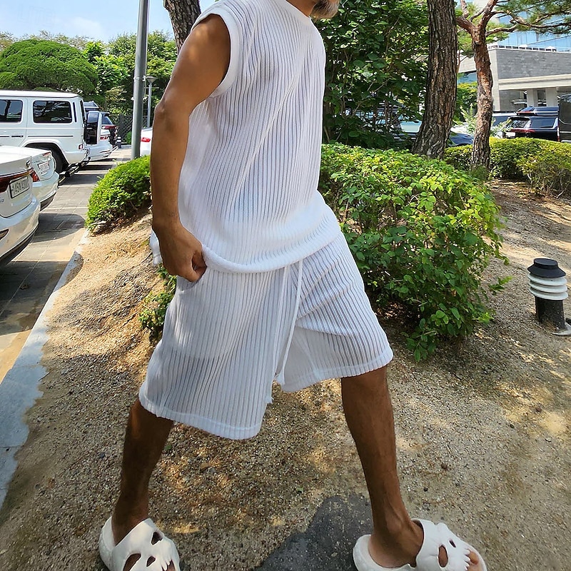 Men's 2 Piece T-shirt Suits Tracksuit Shorts and T Shirt Set Short Sleeve Short Sleeves Short Pant Crew Neck Summer Color Block Gymnatics Casual 2 Piece Knitted Vacation Daily Wear Activewear White2