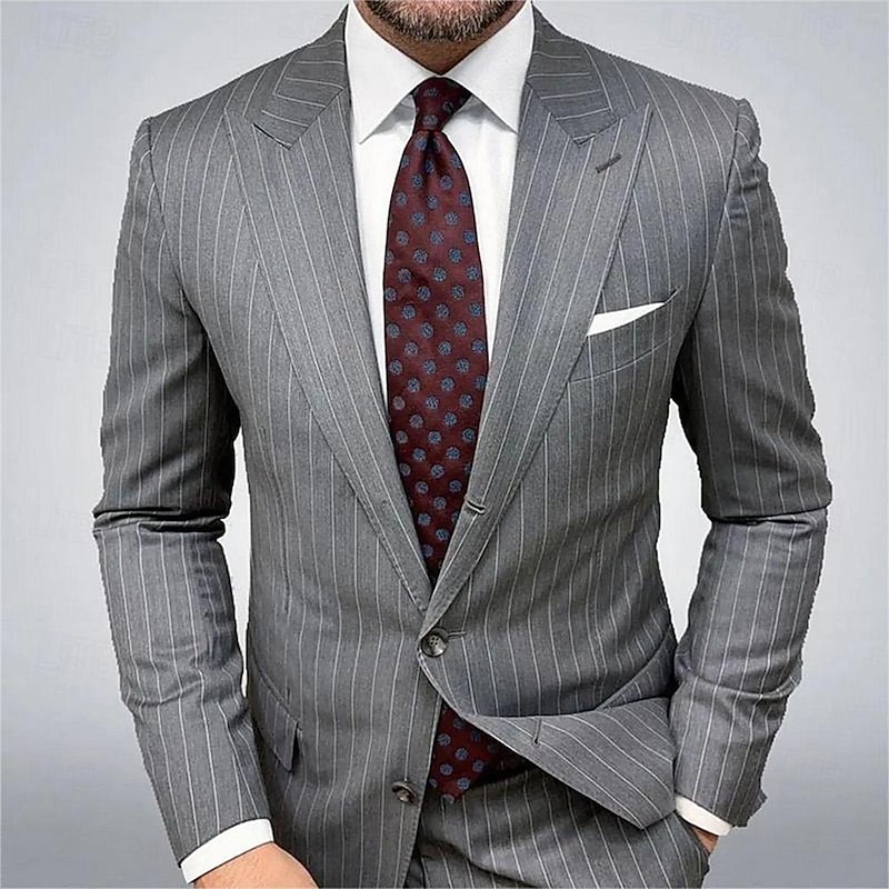 Men's Graduation Blazer Business Cocktail Party Wedding Party Fashion Casual Spring &  Fall Polyester Stripes Pocket Buttons Comfortable Single Breasted Blazer Blue Brown Gray3