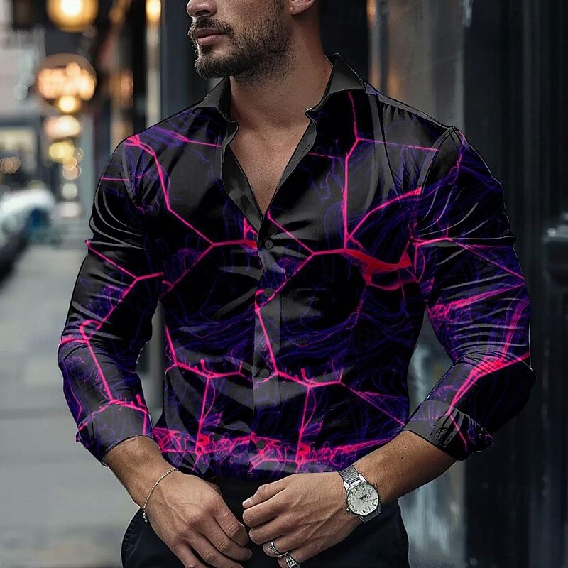 Men's Geometric Pattern Shirt Dress Shirt Button Up Shirt Long Sleeve Casual Daily Fall Winter Spring & Summer Turndown Shirt Collar Button Up 3D Print Fuchsia