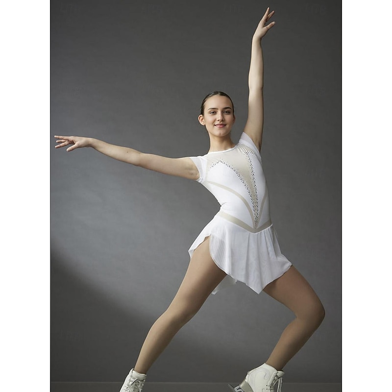 Figure Skating Dress Women's Girls' Ice Skating Dress White Patchwork Thumbhole Mesh High Elasticity Training Competition Skating Wear Classic Short Sleeve Ice Skating Figure Skating2
