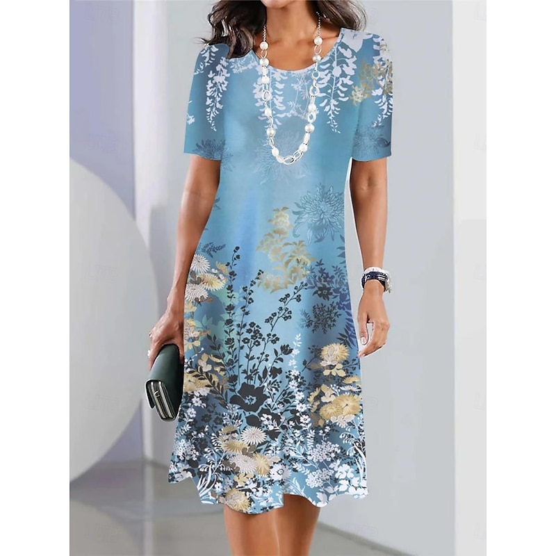 Women's Floral Print Crew Neck Midi Dress Formal Party Vacation Short Sleeve Summer4
