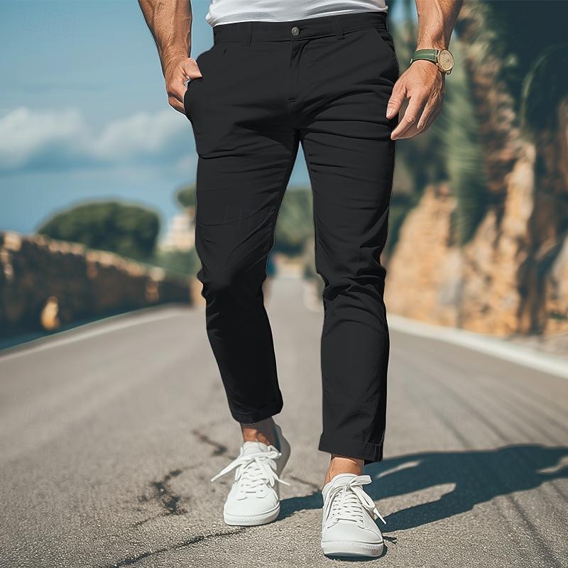 Men's Trousers Chinos Chino Pants Casual Pants Front Pocket Plain Comfort Soft Full Length Outdoor Casual Daily Fashion Streetwear Black White Micro-elastic2