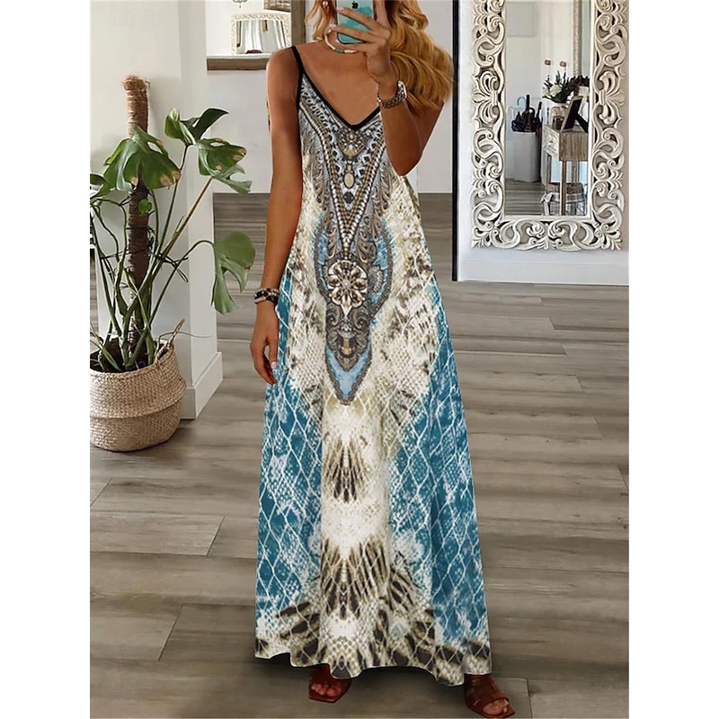 Women's Maxi long Dress Casual Dress A Line Dress Slip Dress Print Dress Vintage Retro Casual Outdoor Daily Date Regular Fit Geometric Tribal Sleeveless V Neck Royal Blue Blue Summer Spring