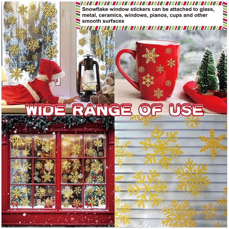 6 Sheets Snowflake Window Decals and Wall Stickers - Glittering Gold and Silver Static Cling, Festive Holiday Glass and Wall Decor for Christmas, Perfect for Windows, Mirrors, and Home Decoration4