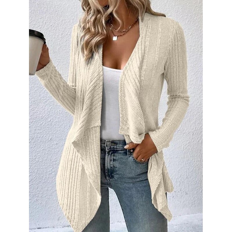 Women's Cardigan Coat Casual Solid Color Ribbed Open Front Knitted Asymmetric Hem Long Sleeve Regular Tops Knit Daily Green Khaki Spring Fall4