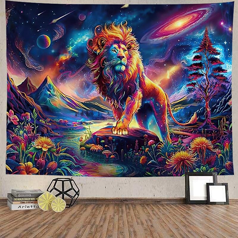 Blacklight Tapestry UV Reactive Glow in the Dark Glow Party Neon Lion Animal Universe Nature Psychedelic Trippy Misty Hanging Tapestry Wall Art Mural for Living Room Bedroom2