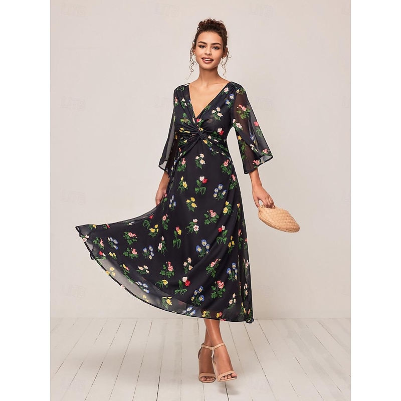 Women's Maxi Dress A Line Dress Elegant Stylish Flared Sleeve Wedding Guest Daily Cocktail Party Regular Fit Floral 3/4 Length Sleeve V Neck Black Summer Fall4