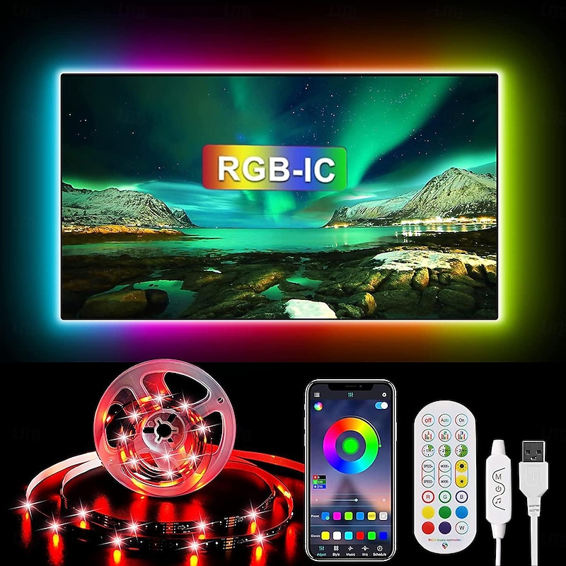 TV LED Backlight Strip RGBIC Programmable Music Synchronization Timing Bluetooth APP Control 2.4G Control 1-5M TV/Monitor Backlight Indoor or Outdoor Activities Festival Decoration USB 5050 Light Strip2