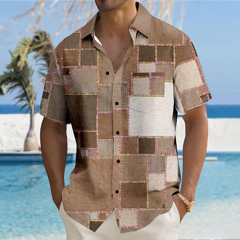 Men's Geometric Color Block Geometric Pattern Button Up Shirt Printed Shirts Short Sleeve Hawaiian Resort Outdoor Business / Ceremony / Wedding Summer Turndown Print Button-Down Blue Khaki Gray 5