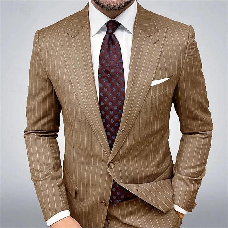 Men's Graduation Blazer Business Cocktail Party Wedding Party Fashion Casual Spring &  Fall Polyester Stripes Pocket Buttons Comfortable Single Breasted Blazer Blue Brown Gray