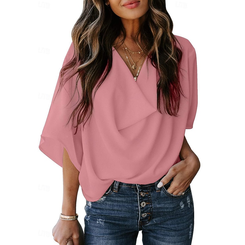 Women's Blouse Dressy Tops Elegant Stylish Solid Color Ruched Batwing Sleeve 3/4 Length Sleeve Regular Tops Cowl Neck Work Daily Black White Yellow Pink Sky Blue Summer Spring Fall